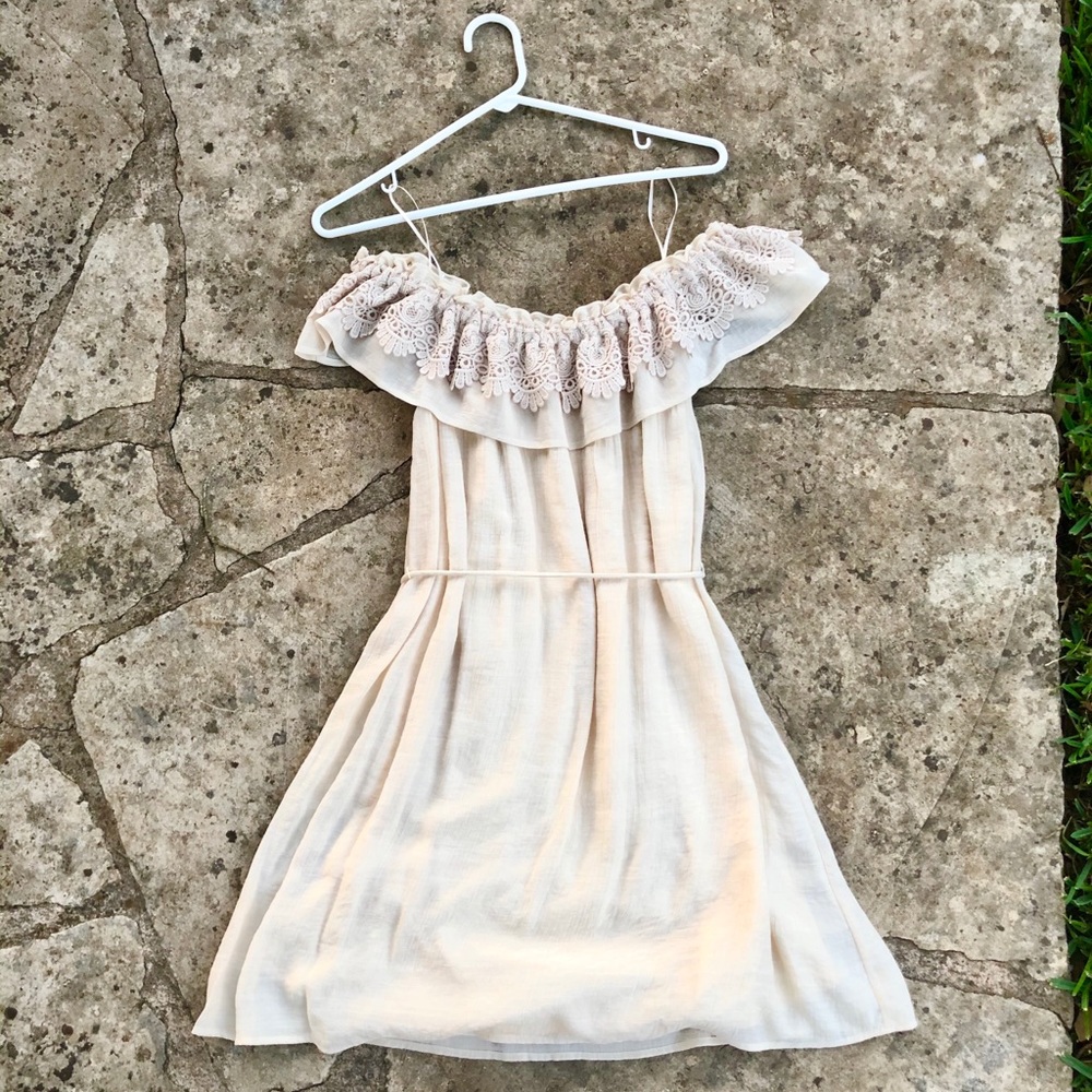 Mine White/Tan off the shoulder dress.